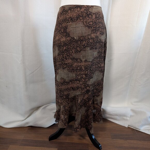 Vintage Brown Midi Skirt Houndstooth & Python Print Chiffon Size 12 Ruffle Hem - Picture 2 of 8